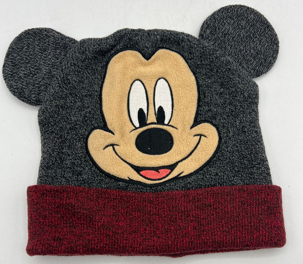 Disney Junior Mickey Mouse Beanie Hat OSFM Gray Red Knit Ears Winter Cap